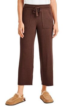 A soft and stretchy rib defines a pair of comfy-meets-chic crop pants perfect for casual days with friends, grabbing lunch or running errands. 25" inseam; 21" leg opening; 11" front rise; 12 1/2" back rise (size Medium) Drawstring waist Front slant pockets Viscose/nylon/polyester/cashmere Dry clean Imported Women's Clothing Chic Ribbed Relaxed Fit Bottoms, Chic Relaxed Fit Ribbed Bottoms, Chic Ribbed Bottoms With Relaxed Fit, Chic Relaxed Fit Ribbed Pants, Chic Ribbed Relaxed Fit Pants, Ribbed Wide-leg Workwear Pants, Chic Ribbed Pants With Relaxed Fit, Ribbed Wide-leg Pants For Work, Comfortable Ribbed Pants For Fall