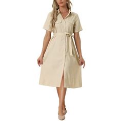 Women's Button up Shirt Dress Summer Short Sleeve Dress. Featuring a button-down front, this dress offers a polished and professional look. With fake pocket details, this dress adds a stylish element to the overall design. The included belt cinches at the waist, accentuating your figure and creating a flattering silhouette. Pair it with heels or ankle boots for a sophisticated office look, or dress it down with sneakers or sandals for a more casual and laid-back ensemble. Size: M.  Color: White. Dresses With Belts Casual, Shirt Dress With Belt, Short Sleeve Midi Dress, Shirt Dress Summer, Dot Print Dress, Button Down Shirt Dress, Short Sleeve Dress Shirt, Belted Shirt Dress, Linen Short