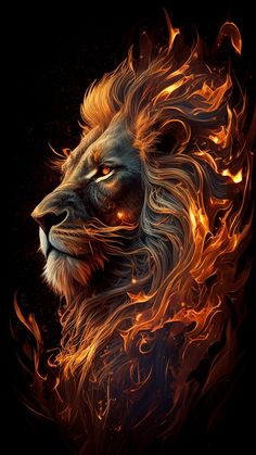 a lion's head is shown with flames coming out of its mane and eyes