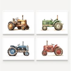 four pictures of old farm tractors on white paper