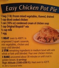 a sign showing the instructions for chicken pot pie