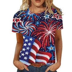 Season:Summer; Fabric:Polyester; Sleeve Length:Short Sleeve; Look After Me:Machine wash,Washable,Wet and Dry Cleaning; Gender:Women's; Style:Fashion; Elasticity:Micro-elastic; Tops Type:T shirt Tee; Occasion:Weekend,Independence Day; Top Length:Regular; Fit Type:Regular Fit; Pattern:American Flag; Design:Print; Neckline:Round Neck; Brand:Ador; Listing Date:05/06/2024; Clothing Shoulder Width:; Bust:; Length:; Sleeve:; Fit US Size:; Fit UK Size:; Fit EU Size:; Print Type:Hot Stamping Beach Tops Summer, Tunic Tops Summer, July Outfits, Ladies Tops Blouses, Dressy Dress, Tops For Women Casual, Womens Tops Dressy, Women Workout, Tube Tops