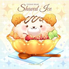 a cartoon bear is sitting in a bowl with ice cream and fruit on it's face