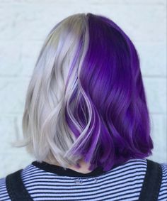 Half Blonde Half Purple Hair Split, Two Tone Split Hair Color Ideas, Science Barbie, Split Dyed Hair, Hair Streaks, Pulp Riot, Split Hair