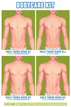 the male torso is shown in four different ways