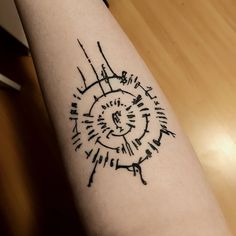 a black and white tattoo on the arm of a person's arm with writing all over it