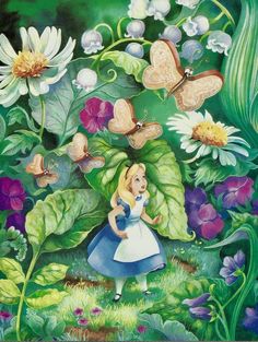 a painting of alice in the garden with flowers and butterflies above her is an image of a