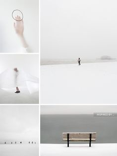 four different shots of people walking in the snow, one holding an umbrella and another standing on a bench