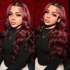 Dark Burgundy With Rose Red Highlights Body Wave HD Lace 13x4 Transparent Lace 180% Density Color Wigs Free Part Dark Burgundy Wig, Lace Front Body Wave, Burgundy Hair Dye, Burgundy Wig, Prom Dress Red, Red Highlights, Curly Human Hair Wig, Lace Front Wigs Human Hair, Dark Burgundy