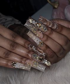 Nail Gem Ideas, Black And Gold Acrylic Nails Coffin Long, Dramatic Nails Acrylic, Xl Long Acrylic Nails Black, Xl Long Acrylic Nails Square Black, Black And Gold Long Acrylic Nails, Black Nails With Gold Charms, Quinceanera Nails