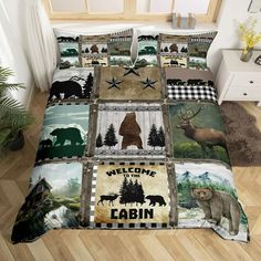 a bed covered in lots of animals on it's side and the words welcome cabin