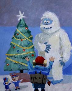 an image of a painting of a man with a christmas tree next to a bigfoot