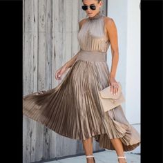 Bronze Colored Smocked Waist Spring Stretch Midi Dress With Pleated Waist, Spring Midi Dress With Pleated Waist And Stretch, Chic Pleated Stretch Maxi Dress, Chic Stretch Pleated Maxi Dress, Summer Maxi Dress With Pleated Waist For Date Night, Spring Party Midi Dress With Smocked Back, Pleated Stretch Midi Dress For Date Night, Stretch Pleated Midi Dress For Date Night, Chic Stretch Pleated Midi Dress