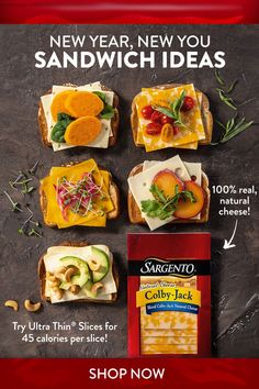 an advertisement for new year's new you sandwich ideas, with images of sandwiches and cheeses