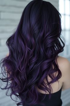 Long Dark Hair With Purple Highlights, Deep Blue And Purple Hair, Unnatural Hair Color Ideas For Brunettes, Purple Balyage Long Hair Brunettes, Blue And Purple Balayage, Brunette Purple Highlights, Brunette Purple Balayage, Purple Hair Brunette, Purple Hair With Blonde