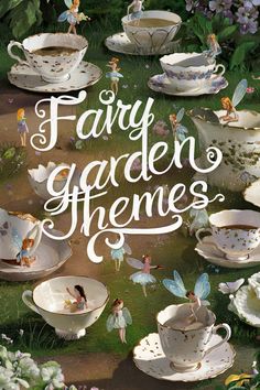 Fairies interacting with teacups in a lush garden setting with text "Fairy garden themes." Fall Fairy Garden Ideas, House Plant Fairy Garden, Fairy Garden Signs And Sayings, Fairy Garden In Plant Pot, Fairy Garden Books, Indoor Fairy Gardens, Autumn Fairy