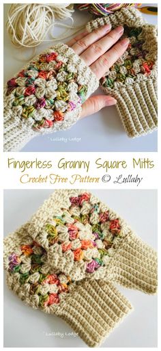 two photos showing different types of crochet mitts with text overlay that reads fingerless granny square mitts free crochet pattern