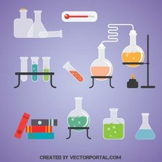 a set of science related objects including flasks and test tubes