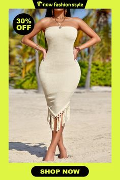 Sexy Casual Solid Tassel Backless Strapless Wrapped Skirt Dresses Fitted Fringe Dress For Summer, Fitted Fringe Dress For Beach Season, Beige Summer Club Dress, Sleeveless Maxi Dress With Back Tassel Tie-up For Vacation, Flirty White Strapless Beach Dress, Maxi Length Beach Cover-up Dress With Tassels, Tasseled Maxi Dress Beach Cover-up, Sleeveless Ruffled Mini Dress For Beach Cover-up, Hip Dress