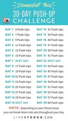 the 30 - day push up challenge is shown in blue and white, with an image of