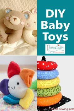 there is a collage of stuffed animals and toys in the same photo with text overlay that says diy baby toys