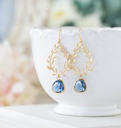 Sapphire Earrings Gold Laurel Wreath Earrings Navy Blue by LeChaim Gold Teardrop Gemstone Earrings For Wedding, Wedding Birthstone Drop Earrings, Gold Birthstone Earrings For Wedding, Teardrop Wedding Earrings With Birthstone, Teardrop Birthstone Earrings For Wedding, Sapphire Earrings Gold, Blue Wedding Earrings, Gold Laurel Wreath, Blue Earrings Wedding