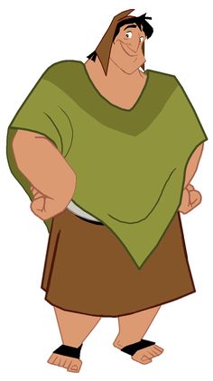 an animated man in a green shirt and brown skirt with his hands on his hips