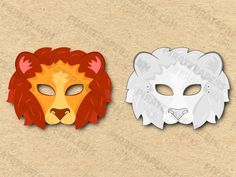 two paper masks with faces of lions and lions on the front, one in white and one in red