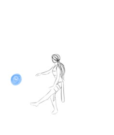 a drawing of a woman playing with a blue frisbee on a white background