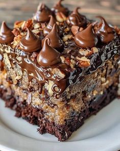 a piece of cake with chocolate frosting and nuts on top is sitting on a plate