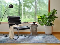 a black chair sitting on top of a rug in front of a window next to a potted plant