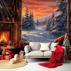 a living room filled with furniture and a fire place covered in christmas presents next to a fireplace