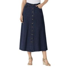 Woman Within Women's Plus Size Petite Perfect Cotton Button Front Skirt .A classic denim skirt is great any time of year. Our Perfect Denim is made from non-stretch 100% cotton that gives you a custom-feeling fit as you wash and wear and the denim softens. Ours gets a comfort upgrade thanks to a side elastic waistband that moves with you all day long but also provides a gap-free fit. Button front closureSide elastic at the waistbandRegular length 35.5"Petite length 33.5"Lightweight 8 oz. denimNo Affordable Buttoned Skirt For Spring, Lightweight Maxi Skirt, Bodycon Maxi Skirt, Flared Denim Skirt, Button Front Denim Skirt, Midi Skirt Casual, Denim Skirts Knee Length, Flare Maxi Skirt, Stretch Denim Skirt