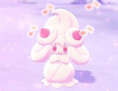 a white rabbit with pink ears and eyes sitting in front of a purple background filled with hearts