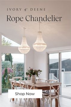 a dining room table and chairs with the words rope chandelier on it