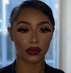 Red Eye And Lip Makeup, Prom Makeup For Black Dress Red Lips, Red Lipstick Makeup On Black Women, Light Makeup Red Lips, Black And Red Lip Combo Makeup Look, Dark Skin Makeup With Red Lips, Dark Red Lipstick Black Women, Red Lip Combo Black Women, Ombre Red Lip Makeup Look Black Women