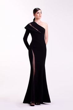 Her Trove - Asymmetric neckline mermaid dress Long Dress Fitted, Mermaid Long Dress, Edward Arsouni, Marchesa Couture, Black Mermaid, Asymmetric Neckline, Dress Fitted, Summer Fashion Dresses, Black Gown