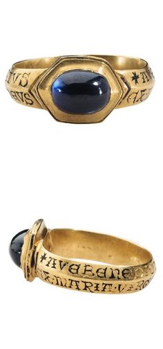 Devotional Ring Date: 13th century Culture: British (?) Medium: Gold and sapphire Dimensions: Height 26.6 mm.; hoop inner diam. 20 mm.; hoop outer diam. 23.5 mm; bezel 10 x 13.4 mm.; weight 8.71 g. Ancient Jewels, Medieval Rings, Ancient Jewellery, Historical Jewellery, Medieval Jewelry, Ancient Jewelry, Old Jewelry, Vintage Jewels