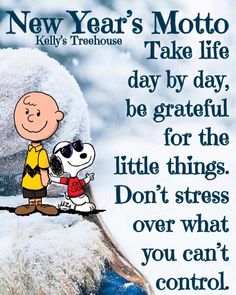 a charlie brown quote with a cartoon character holding a dog in his lap and the caption says, new year's motto take life day by day, be grateful for the little things don't