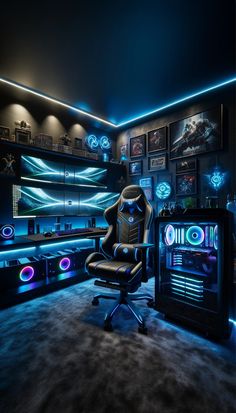 a gaming room with two monitors and a chair in front of the monitor is lit up by blue lights