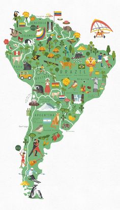 an illustrated map of south america with all the major cities and their main attractions in green