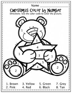 christmas color by number worksheet for kids with teddy bear holding a star on it