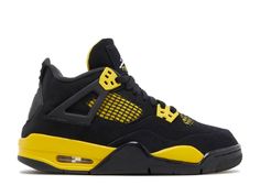 An all black sueded Jordan Retro 4 with thunder yellow contrasting pieces.