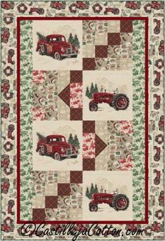 an old red truck with christmas trees on it is quilted into the shape of a square