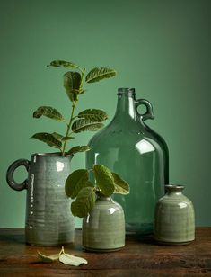 three vases with plants in them sitting on a wooden table next to each other