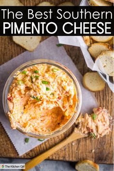 A jar of Southern pimento cheese spread garnished with chopped green onions, surrounded by toasted bread slices on a wooden table. A spoon with pimento cheese rests beside the jar. The text The Best Southern Pimento Cheese is displayed at the top. Pimento Cheese Recipe Easy, Homemade Pimento Cheese, The Best Appetizers, Pimento Cheese Recipes, Bagel Chips, Sandwich Spread, Favorite Dips, Recipe Girl, Pimento Cheese