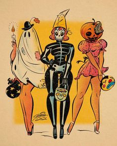 three cartoon characters dressed up in halloween costumes