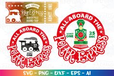 two red and green train stickers with the words, all aboard the world's one