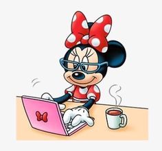 a minnie mouse sitting at a desk with a laptop and coffee cup in front of her