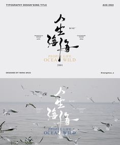 an image of the ocean with seagulls flying over it and in chinese writing